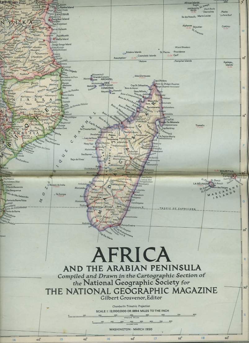 CARTE / MAP. AFRICA AND THE ARABIAN PENINSULA COMPILED AND DRAWN IN THE CARTOGRAPHIC SECTION OF THE NATIONAL GEOGRAPHIC SOCIETY FOR THE NATIONAL GEOGRAPHIC MAGAZINE. SCALE 1/12.000.000 or 189.4 MILES TO THE INCH.