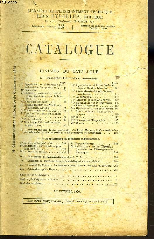 CATALOGUE EYROLLE. LIBRAIRIE DE L'ENSEIGNEMENT TECHNIQUE. 1er FEVRIER 1930