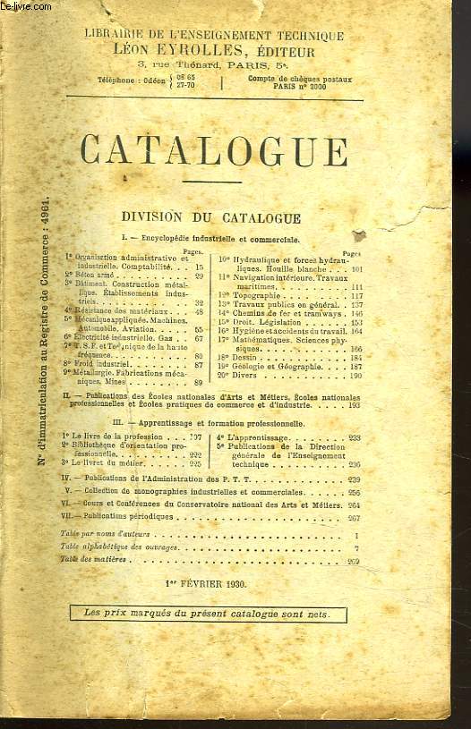 CATALOGUE EYROLLE. LIBRAIRIE DE L'ENSEIGNEMENT TECHNIQUE. 1er FEVRIER 1930