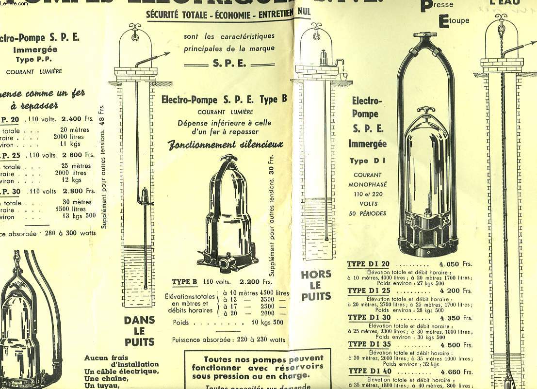 POMPES ELECTRIQUES S.P.E. TARIFS MAI 1938.