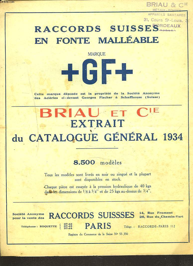 RACCORDS SUISSES EN FONTE MALLEABLE. MARQUE +GF+. EXTRAIT DU CATALOGUE GENERAL 1934.