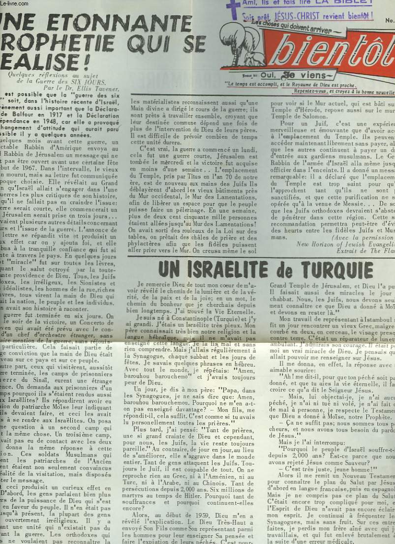 LES CHOSES QUI DOIVENT ARRIVER. BIENTOT N 62. UN ISRAELITE DE TURQUIE/ DIEU MON SAUVEUR PAR MATTHIAS DEGAN DU TOGO / ...