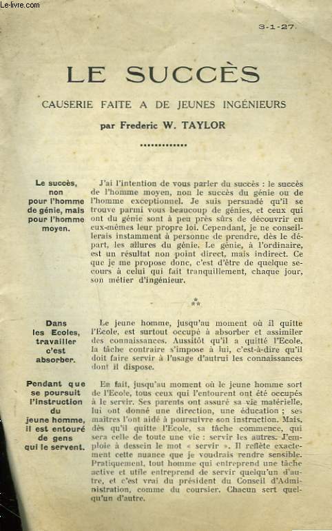 LE SUCCES. EXTRAIT de CAUSERIE FAITE A DE JEUNES INGENIEURS. 3/1/27.