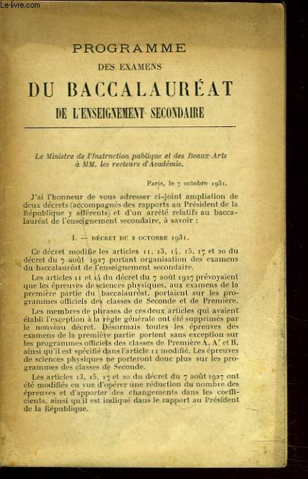 PROGRAMME DES EXAMENS DU BACCALAUREAT DE L'ENSEIGNEMENT SECONDAIRE.
