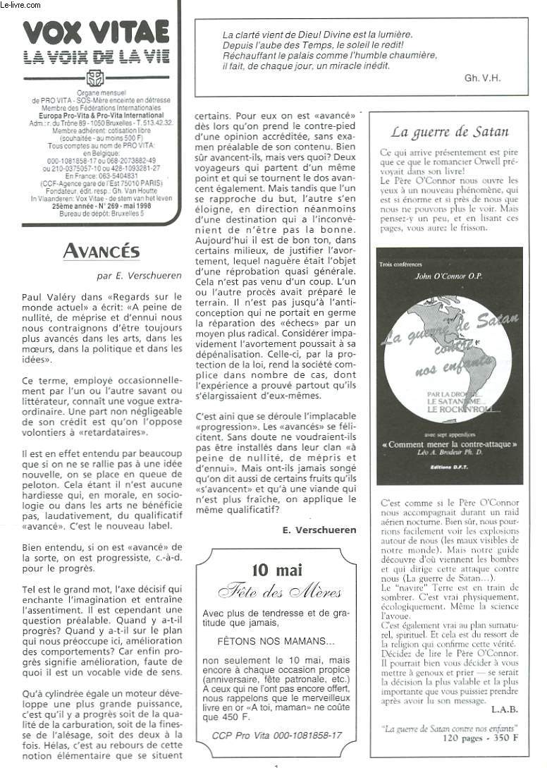 VOX VITAE, LA VOIX DE LA VIE, ORGANE MENSUEL DE PRO VITA-SOS-MERE ENCEINTE EN DETRESSE, N269, MAI 1998. LES DERIVES DU LANGAGE/ L'HOMME APPRENTI SORCIER par A. D'ARIAN/ LE PERMIS ET LE DEFENDU par MARCEL NIX/ LA PILULE DE MORT par Fr. A. THEROND/ ...