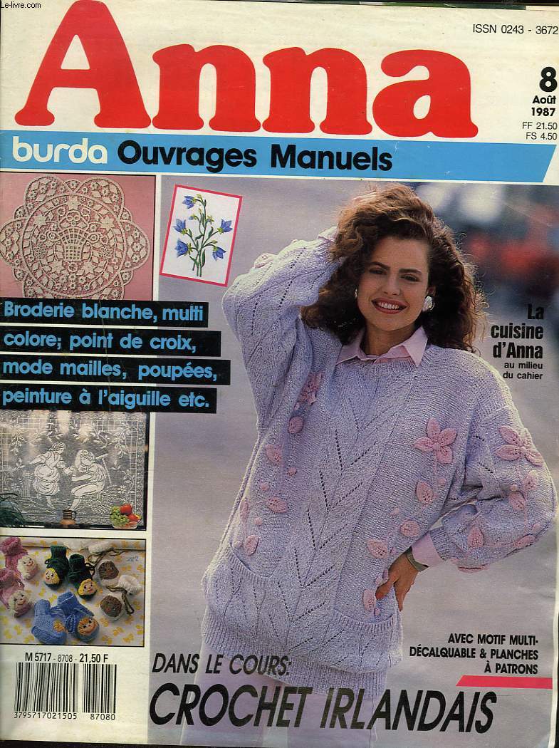 ANNA BURDA OUVRAGES MANUELS N8, AOT 1987. DANS LE COURS : CROCHET IRLANDAIS / BRODERIE BLANCHE / POINT DE CROIX; MODE MAILLES, POUPEES, PEINTURE A L'AIGUILLE, ...