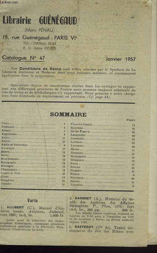 CATALOGUE N 47, JANVIER 1957. VARIA, NOBLESSE, REGIONALISME.