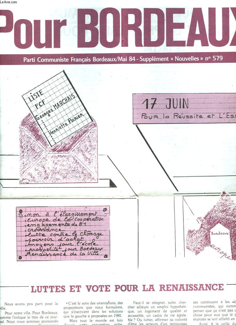 POUR BORDEAUX. PARTI COMMUNISTE FRANCAIS BORDEAUX, MAI 1984, SUPPLEMENT 