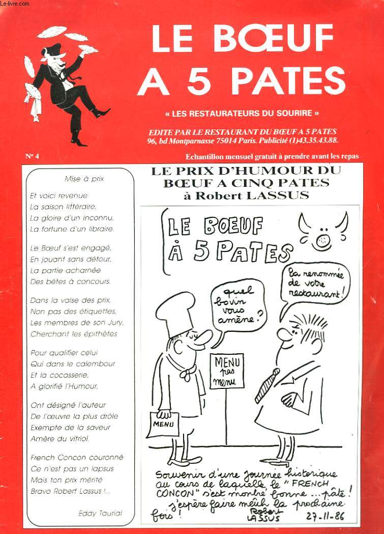 LE BOEUF A 5 PATTES N4. LES RESTAURANTS DU SOURIRE. PRIX D'HUMOUR A ROBERT LASSUS.