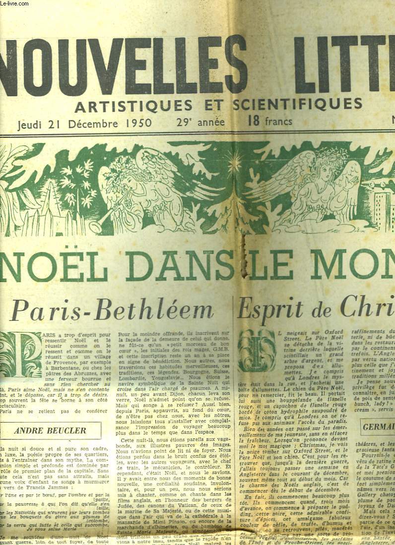 LES NOUVELLES LITTERAIRES ARTISTIQUES ET SCIENTIFIQUES N 1216, JEUDI 21 DECEMBRE 1950. NOL DANS LE MONDE. PARIS-BETHLEEM par ANDRE BEUCLER. ESPRIT DE CHRISTMAS par GERMAINE BEAUMONT / AFRIQUE, CANTIQUE DE MINUIT par RENE GUILLOT / ...