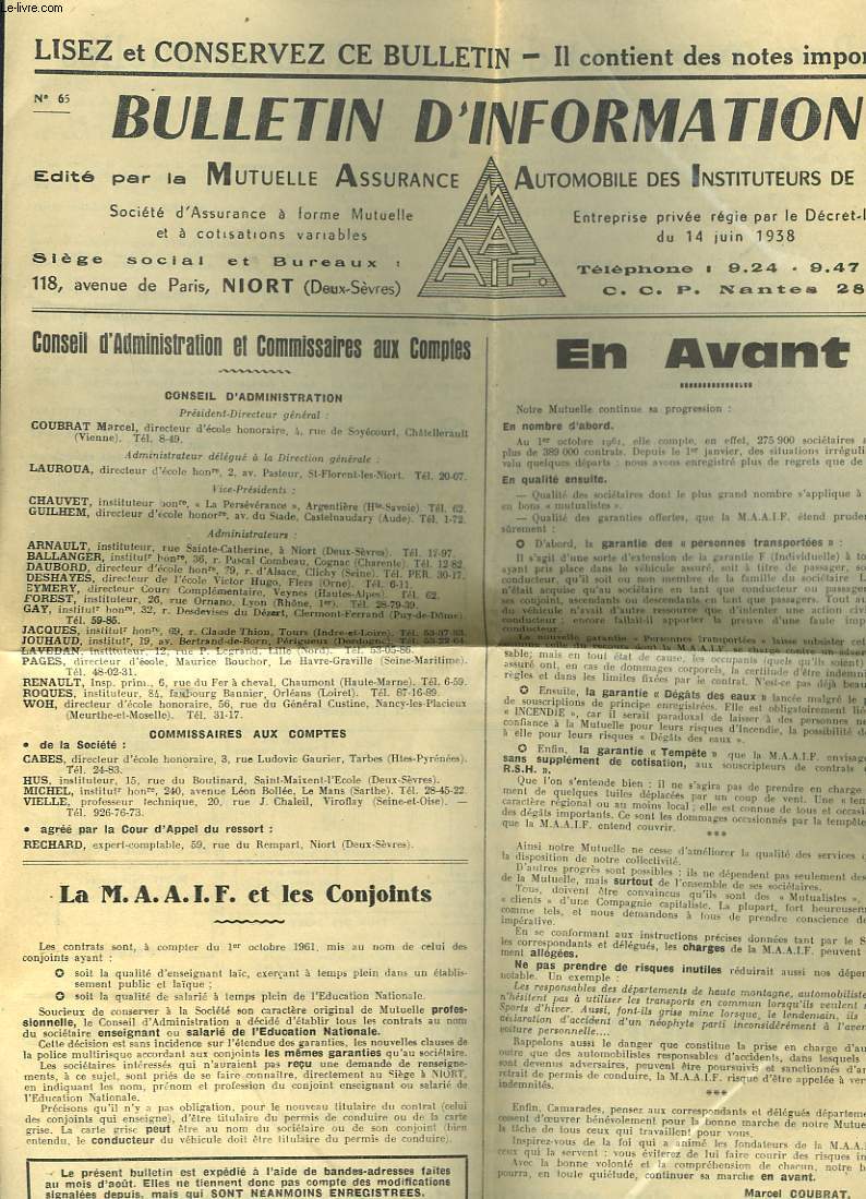 BULLETIN D'INFORMATION, MUTUELLE ASSURANCE AUTOMOBILE DES INSTITUTEURS DE FRANCE N65, OCT-NOV 1961.