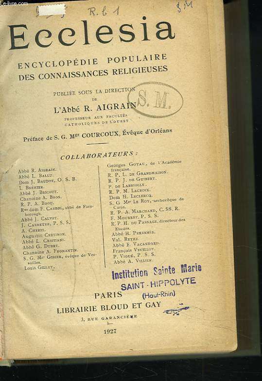 ECCLESIA. ENCYCLOPEDIE POPULAIRE DES CONNAISSANCES RELIGIEUSES