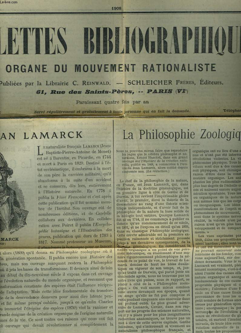 TABLETTES BIBLIOGRAPHIQUES. ORGANE DU MOUVEMENT RATIONALISTE N1, 1908. JEAN LAMARCK / LA PHILOSOPHIE ZOOLOGIQUE / HISTOIRE DE LA TERRE / LE GRAND SOIR / LA DESCENDANCE DE L'HOMME / ...