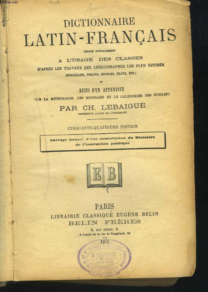 DICTIONNAIRE LATIN-FRANCAIS. 54e dition.