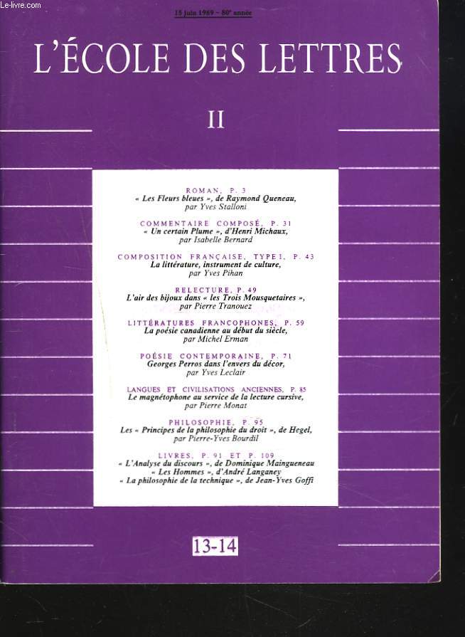 L'ECOLE DES LETTRES, SECOND CYCLE, N13-14, 15 JUIN 1989. 