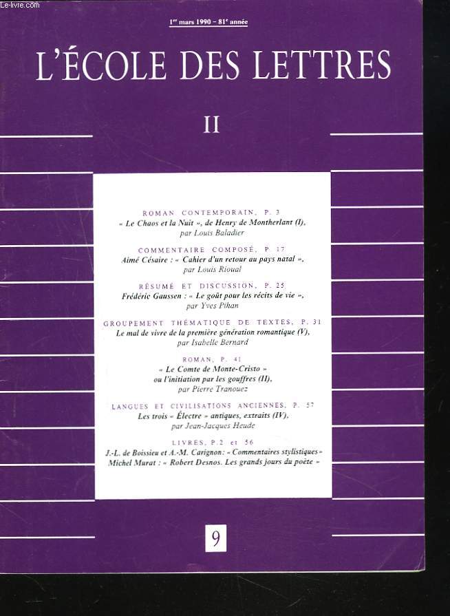 L'ECOLE DES LETTRES, SECOND CYCLE, N9, 1er MARS 1990. AIME CESAIRE 
