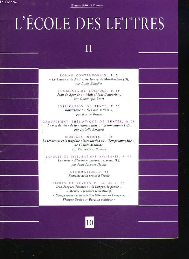 L'ECOLE DES LETTRES, SECOND CYCLE, N10, 15 MARS 1990. JEAN DE SPONDE 