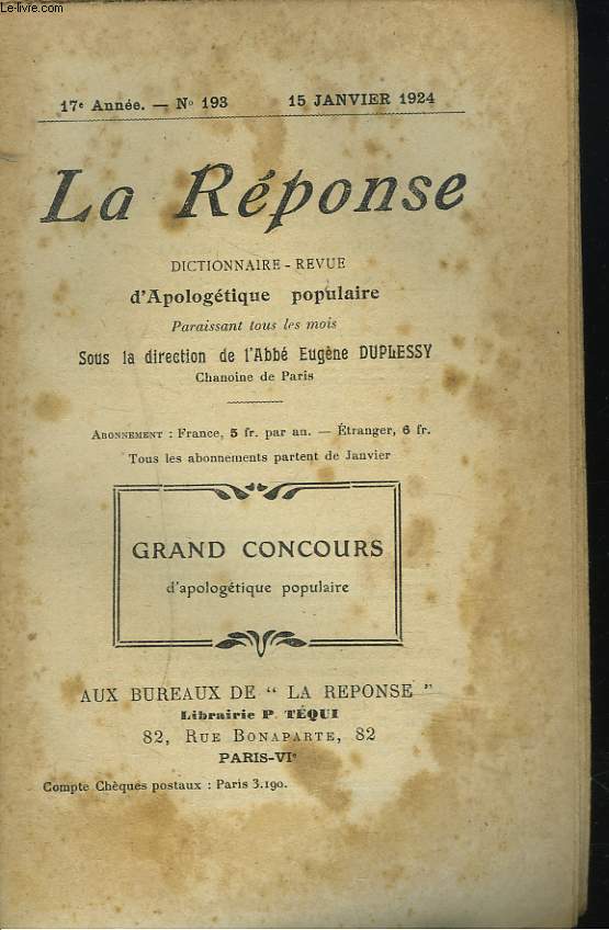LA REPONSE. REVUE MENSUELLE D'APOLOGETIQUE POPULAIRE. N193, 15 JANVIER 1924. GRAND CONCOURS D'POLOGETIQUE POPULAIRE / LA FABLE DE LA PAPESSE JEANNE.