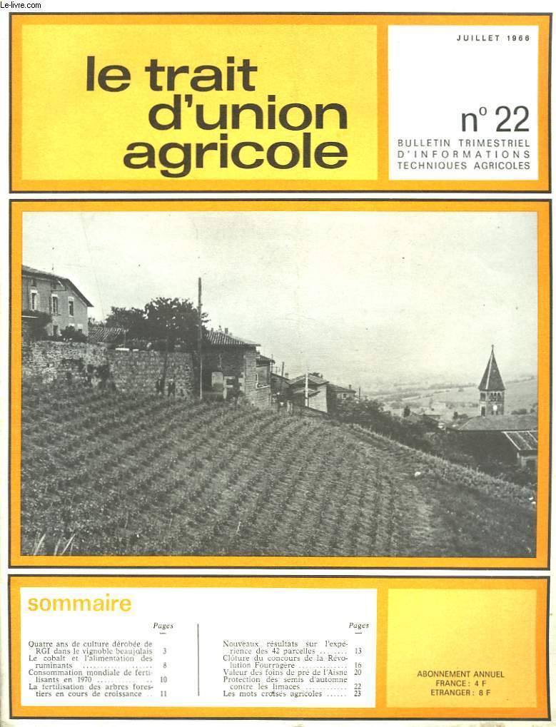 LE TRAIT D'UNION AGRICOLE, BULLETIN TRIMESTRIEL D'INFORMATIONS TECHNIQUES AGRICOLES N22, JUILLET 1966. QUATRE ANS DE CULTURE DEROBEE DE RGI DANS LE VIGNOBLE BEAUJOLAIS / LE COBALT ET L4ALIMENTATION DES RUMINANTS / CONSOMMATION MONDIALE DE FERTILISANTS...