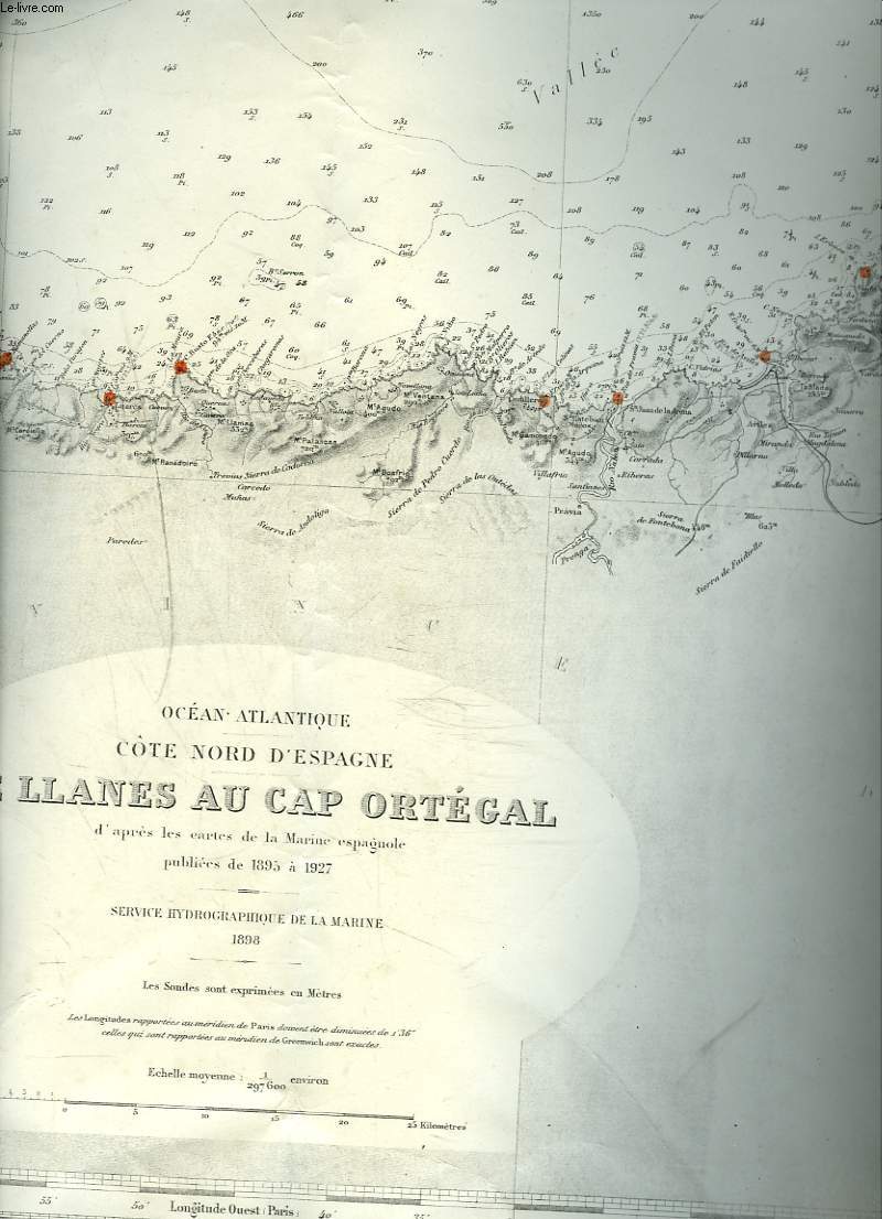 CARTE OCEAN ATLANTIQUE, CTE NORD D'ESPAGNE. DE LLANES AU CAP ORTEGAL D'APRES LES CARTES DE LA MARINE ESPAGNOLE PUBLIEES DE 1895  1927.