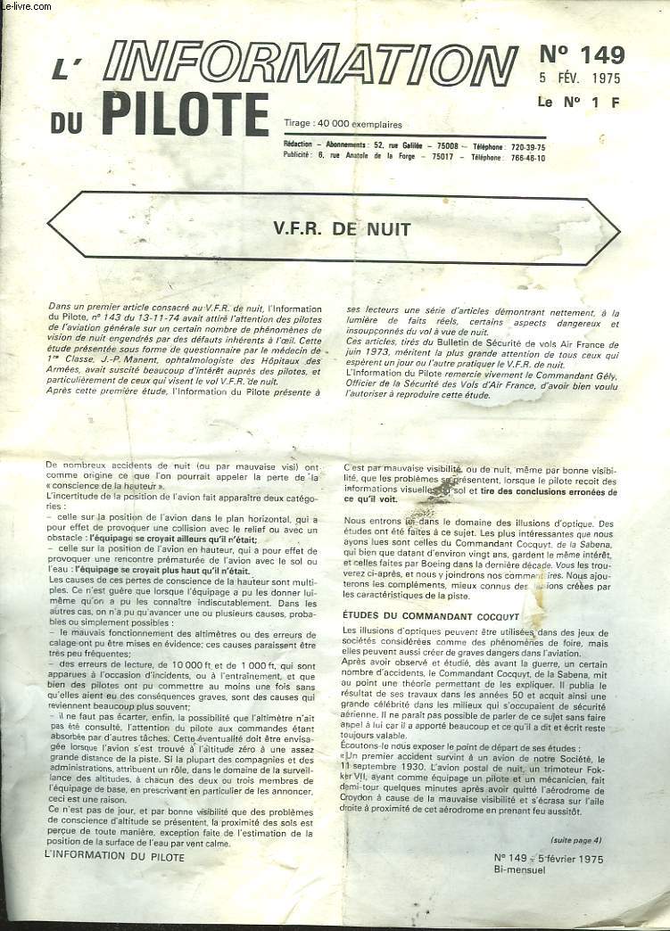 L'INFORMATION DU PILOTE N149, 5 FEV. 1975. V.F.R. DE NUIT / LA QUINZAINE AERONAUTIQUE.