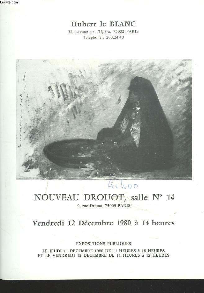 TABLEAUX, AQUARELLES, DESSINS MODERNES ET ORIENTALISTES, ARTS NOUVEAU-ART DECO, BEAU MOBILIER, ... VENTE LE 12 DECEMBRE 1980.