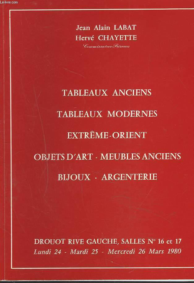 TABLEAUX ANCIENS ET MODERNES. EXTREME ORIENT. OBJETS D'ART, MEUBLES ANCIENS. BIJOUX. ARGENTERIE. LE 26 MARS 1980.