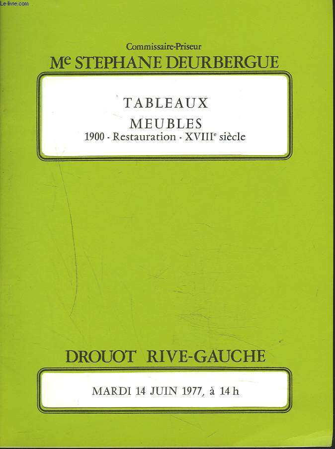TABLEAUX, MEUBLES. 1900, RESTAURATION, XVIIIe SIECLE. VENTE LE 14 JUIN 1977.