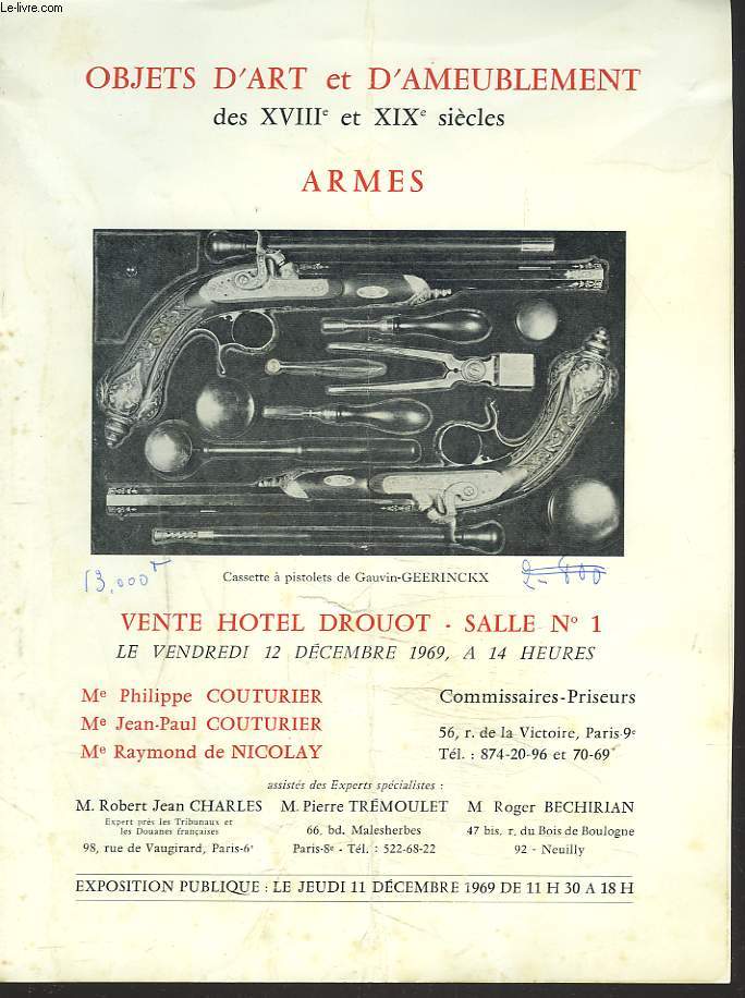 OBJETS D'ART ET D'AMEUBLEMENT DES XVIIIe ET XIXe SIECLES. ARMES. VENTE LE 12 DECEMBRE 1969.