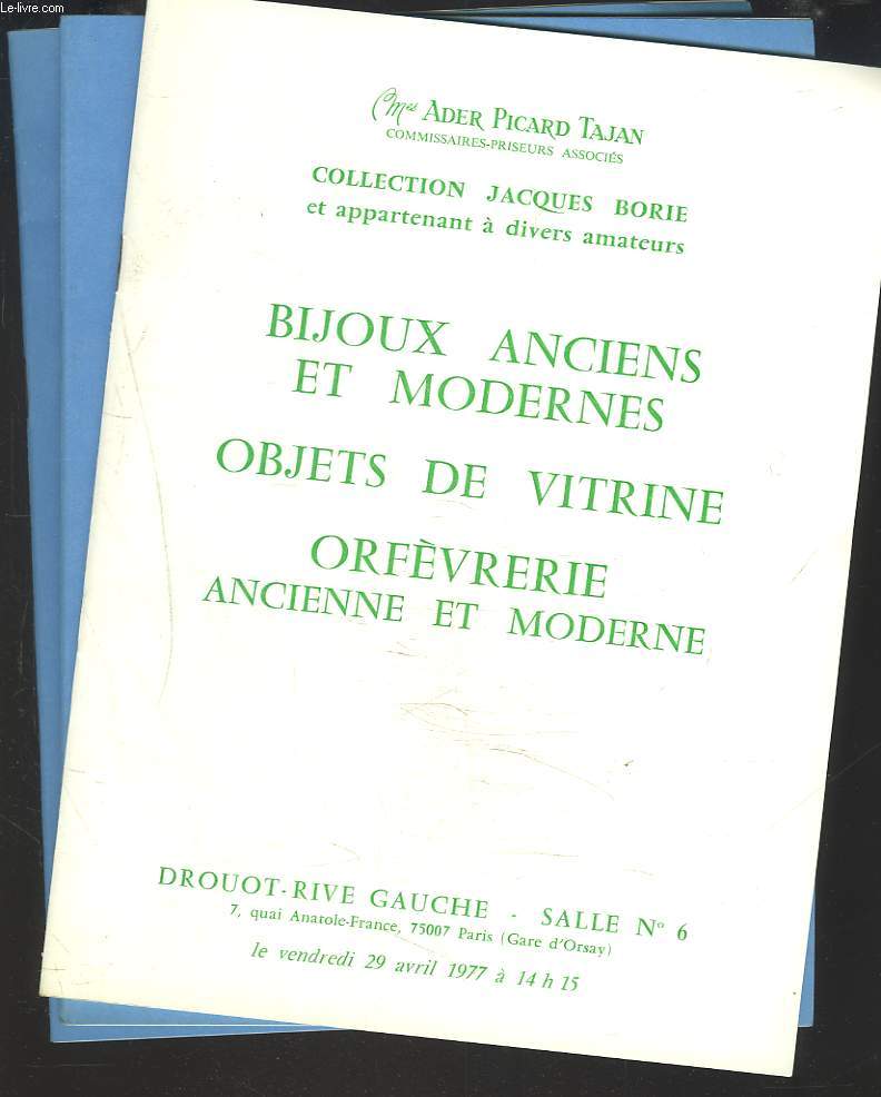 LOT DE 4 CATALOGUES DE VENTE. BIJOUX ANCIENS ET MODERNES, OBJETS DE VITRINE. ARGENTERIE. ORFEVRERIE ANCIENNE ET MODERNE. VENTES LES 25 ET 29 AVRIL ET 28 MARS et 17 JUIN 1977.