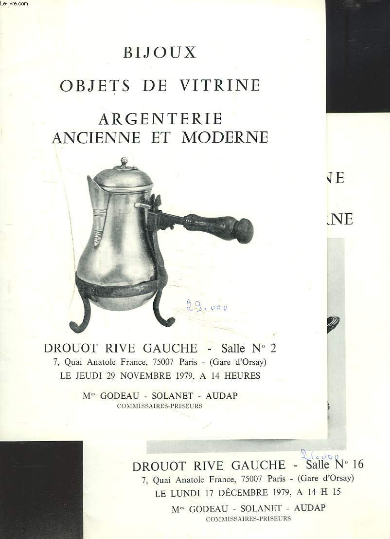 LOT DE 3 CATALOGUES DE VENTE DE BIJOUX, OBJETS DE VITRINE, ARGENTERIE ANCIENNE ET MODERNE. VENTES LES 29 NOVEMBRE ET 17 DECEMBRE 1979 ET 14 MARS 1980.