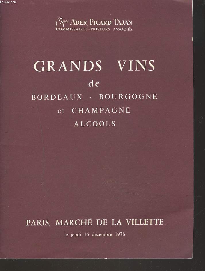GRANDS VINS DE BORDEAUX, BOURGOGNE ET CHAMPAGNE. ALCOOLS. PARIS, MARCHE DE LA VILLETTE, LE 16 DECEMBRE 1976.