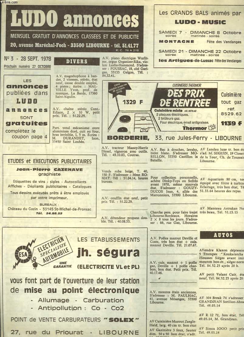 LUDO ANNONCES, MENSUEL GRATUIT D'ANNONCES CLASSEES ET DE PUBLICITE  LIBOURNE N3, 28 SEPTEMBRE 1978.