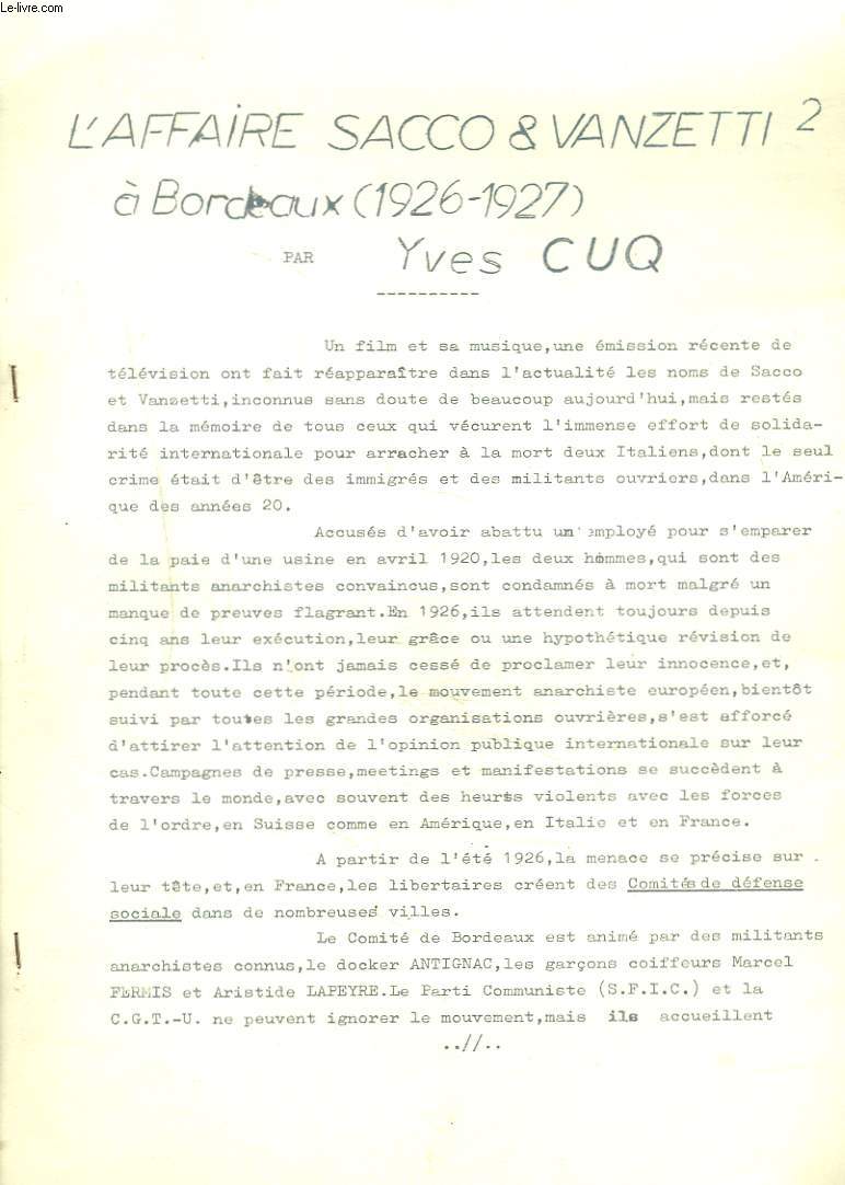 L'AFFAIRE SACCO & VANETTI A BORDEAUX (1926-1927)