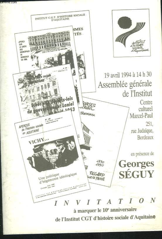 ORDRE DU JOUR DE L'ASSEMBLEE GENERALE DE L'INSTITUT CGT D'HISTOIRE SOCIALE D'AQUITAINE, 19 AVRIL 1994.
