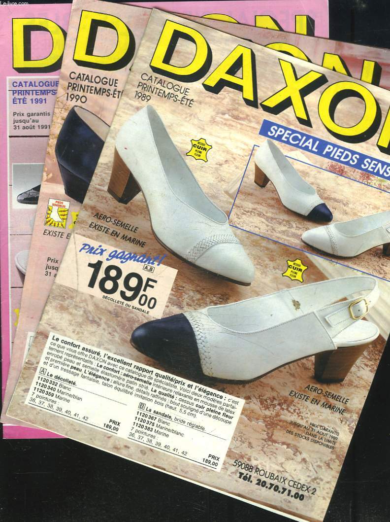 LOT DE 3 CATALOGUES DAXON LE SPECIALISTE DES PIEDS SENSIBLES. COLLECTION PRINTEMPS-ETE 1989 / 1990 / 1991.