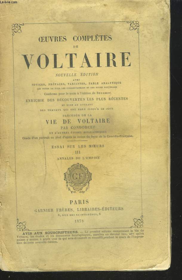 OEUVRES COMPLETES VOL. 13. ESSAI SUR LES MOEURS. TOME III. ANNALES DE L'EMPIRE.