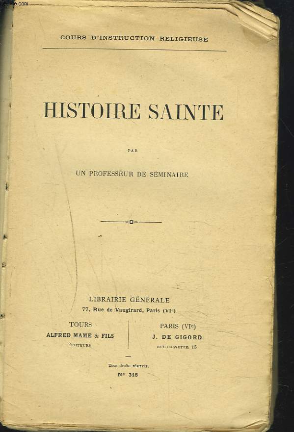 COURS D'INSTRUCTION RELIGIEUSE. HISTOIRE SAINTE.