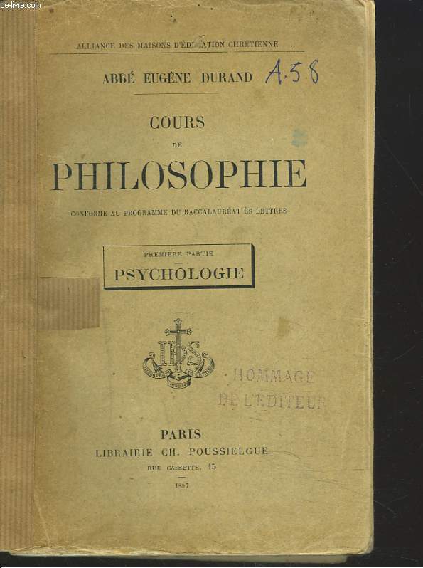 COURS DE PHILOSOPHIE. PREMIERE PARTIE : PHILOSOPHIE.