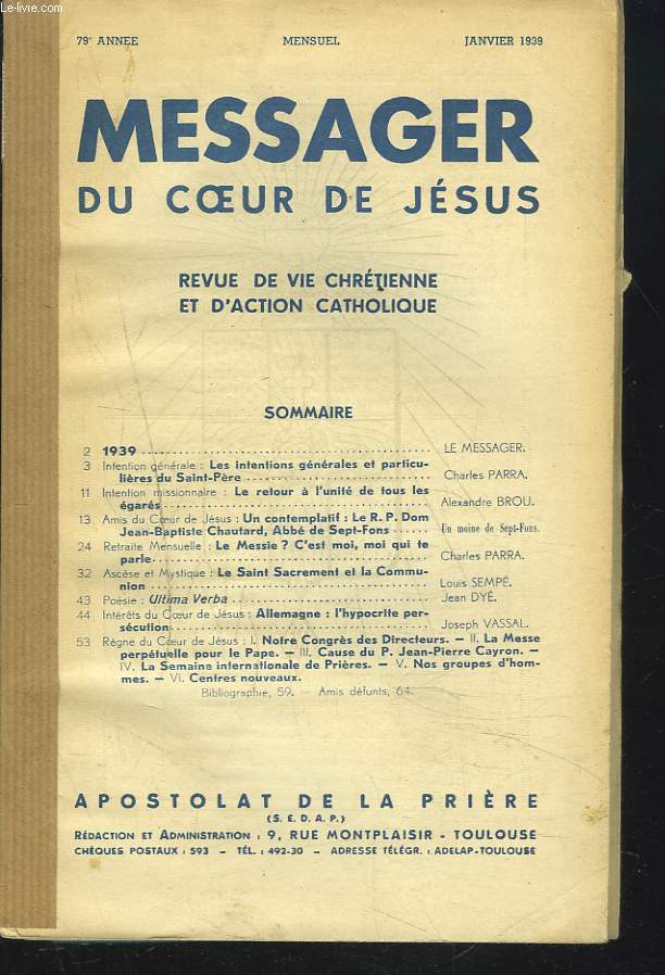 LE MESSAGER DU COEUR DE JESUS, BULLETIN MENSUEL. ANNEE 1939 RELIEE.