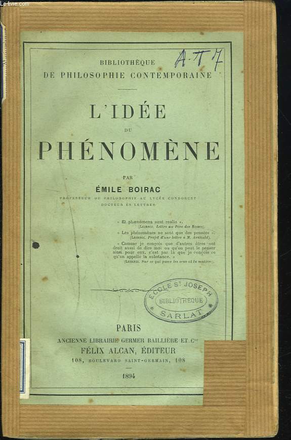 L'IDEE DU PHENOMENE. tude Analytique et Critique.