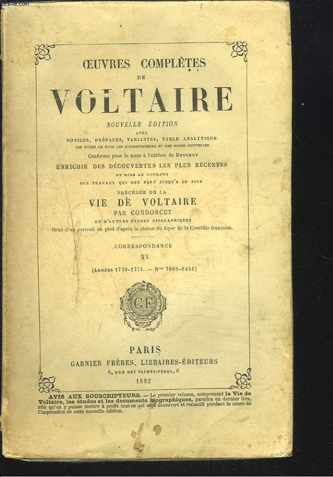 OEUVRES COMPLETES (TOME 47). CORRESPONDANCES XV (ANNEES 1770-1771, N7805-8451).