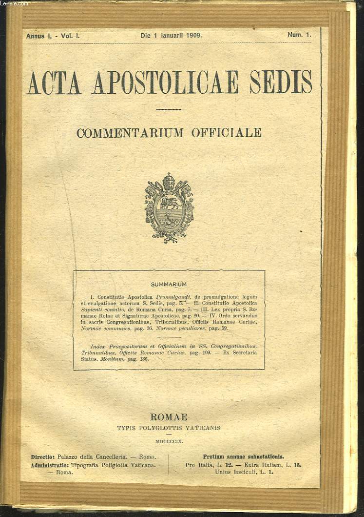 ACTA APOSTOLICAE SEDIS. COMMENTARIUM OFFICIALE. ANNUS I, VOL I. 1909. (N1  22).