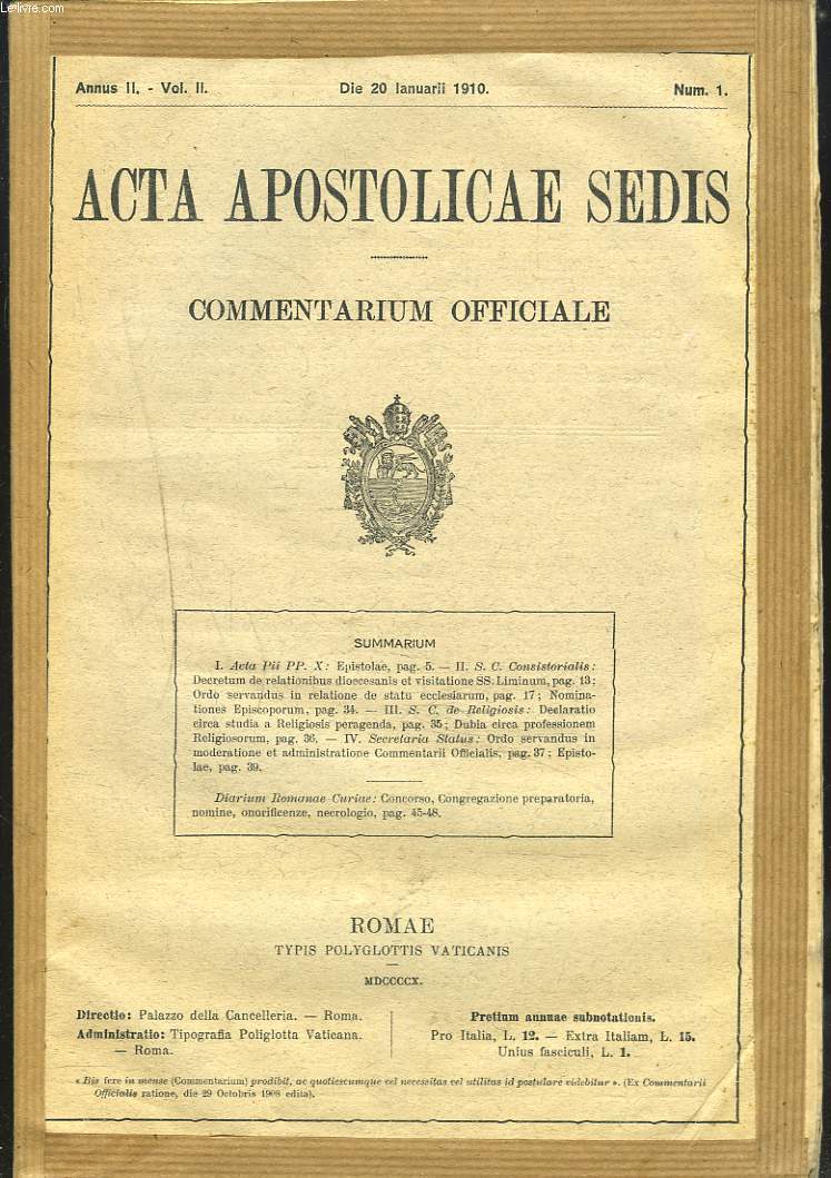 ACTA APOSTOLICAE SEDIS. COMMENTARIUM OFFICIALE. ANNUS II, VOL II. 1910. (N1  24).