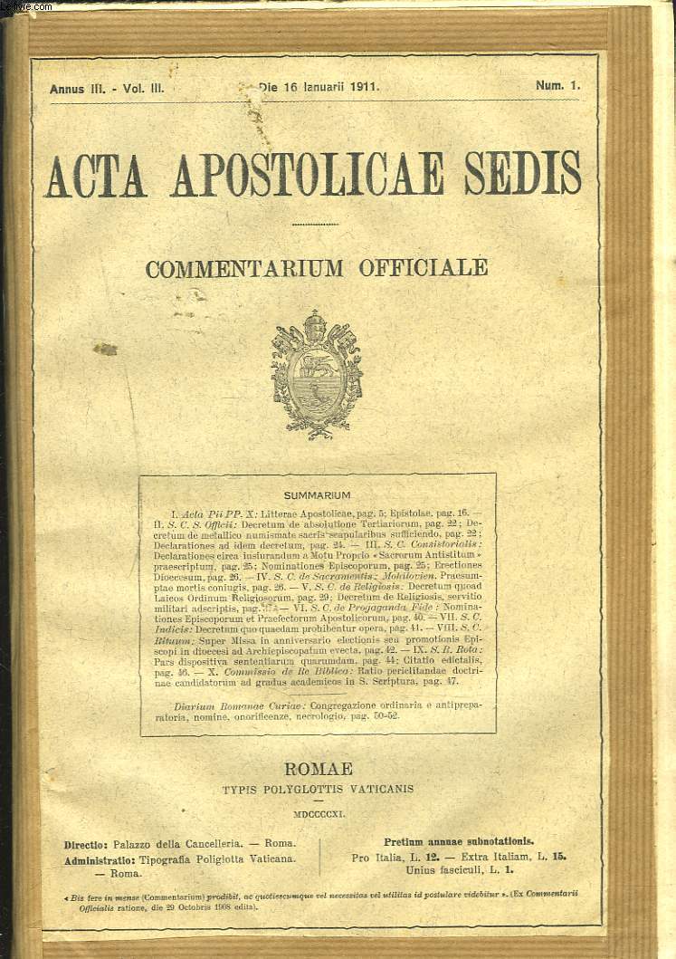 ACTA APOSTOLICAE SEDIS. COMMENTARIUM OFFICIALE. ANNUS III, VOL III. 1911. (N1  18).