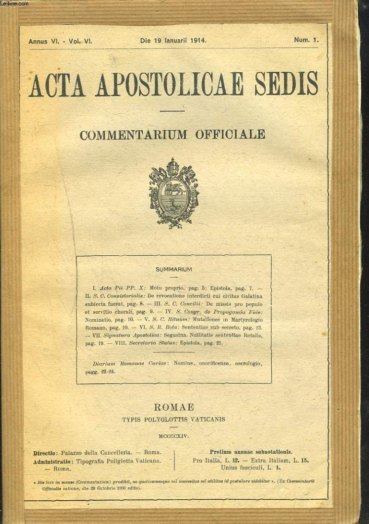 ACTA APOSTOLICAE SEDIS. COMMENTARIUM OFFICIALE. ANNUS VI, VOL VI. 1914. (N1  21).