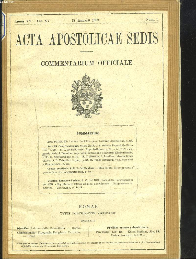 ACTA APOSTOLICAE SEDIS. COMMENTARIUM OFFICIALE. ANNUS XV, VOL XV. 1923. (N1  13).