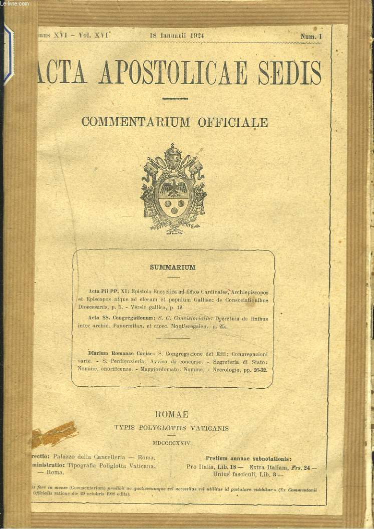ACTA APOSTOLICAE SEDIS. COMMENTARIUM OFFICIALE. ANNUS XVI, VOL XVI. 1924. (N1  13).