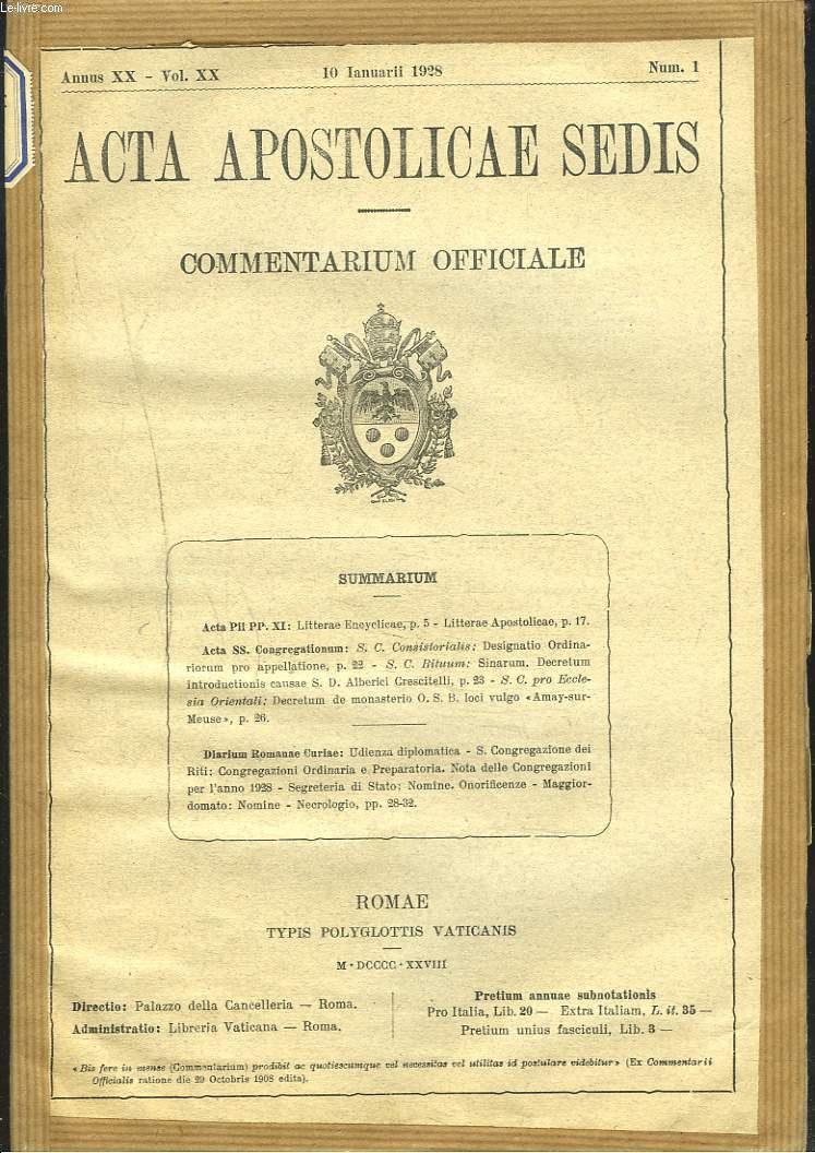 ACTA APOSTOLICAE SEDIS. COMMENTARIUM OFFICIALE. ANNUS XX, VOL XX. 1928. (N1  13).