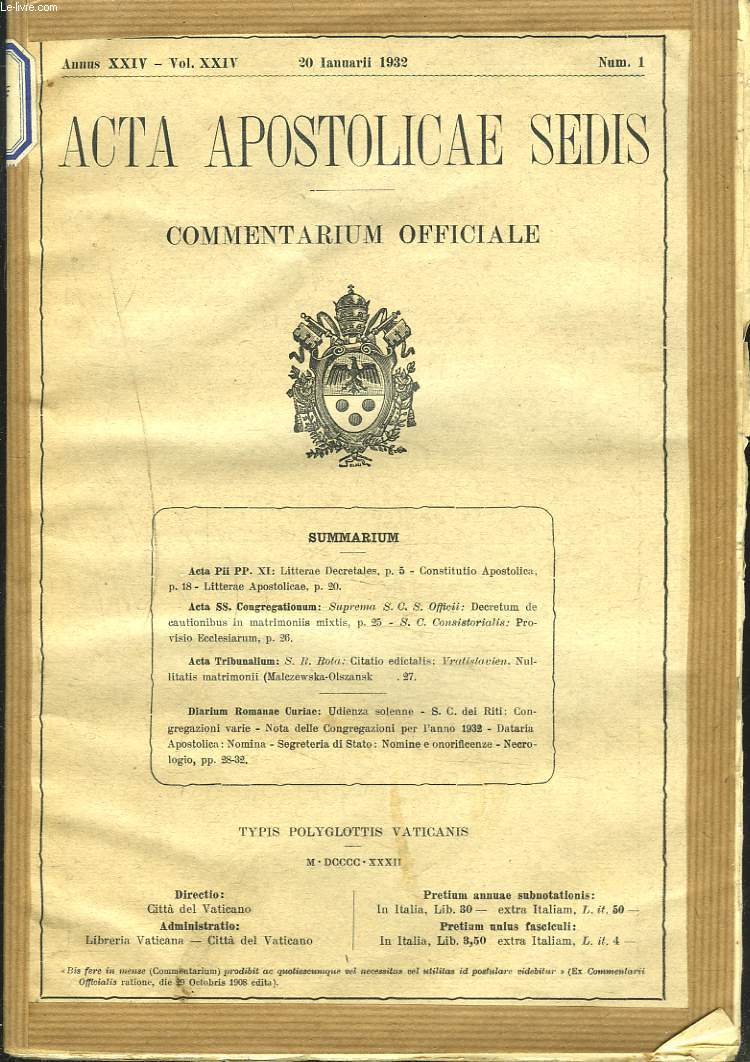ACTA APOSTOLICAE SEDIS. COMMENTARIUM OFFICIALE. ANNUS XXIV, VOL XXIV. 1932 (N1  13).